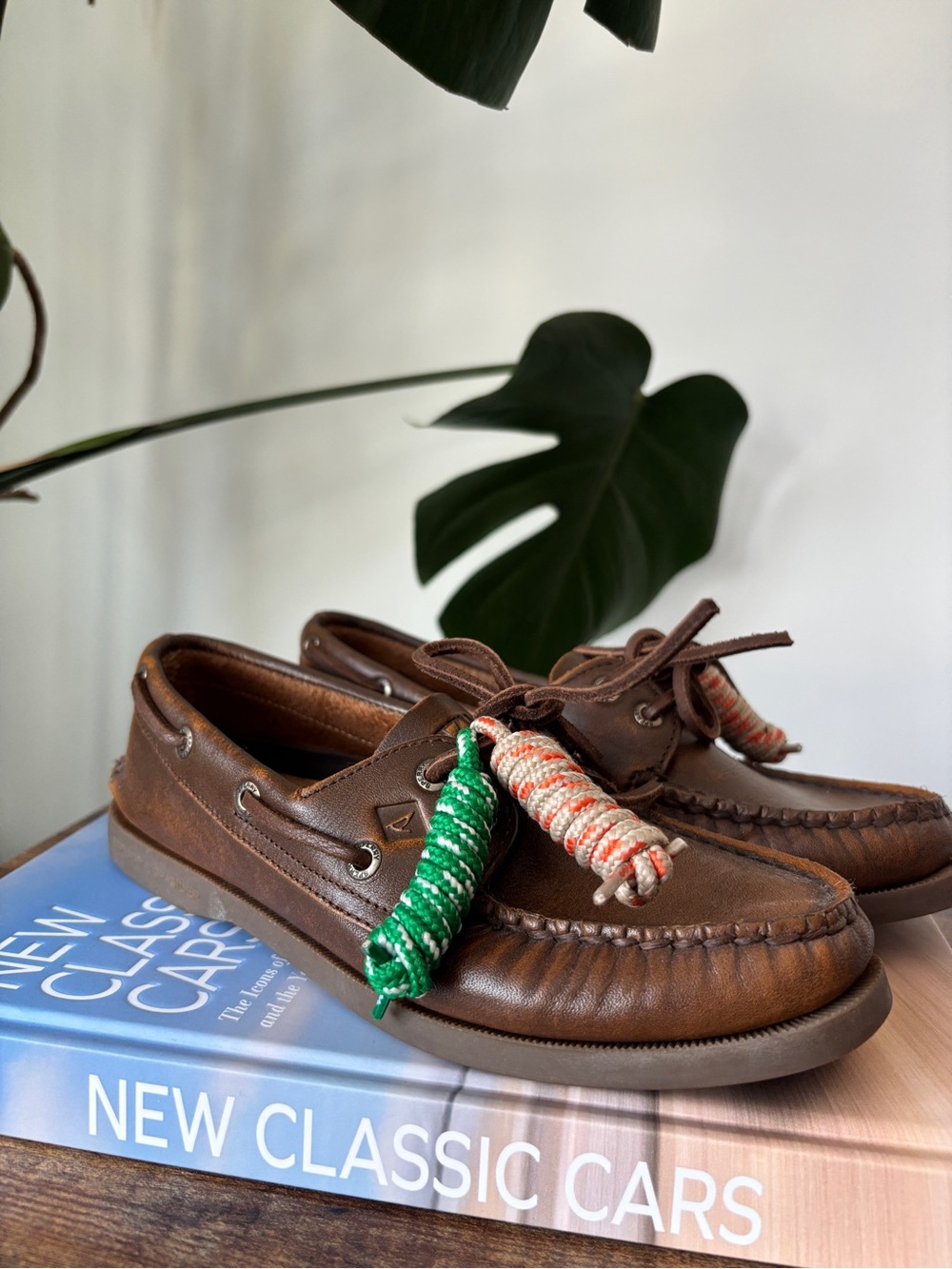 Sperry Brown Leather Boat Shoes with Multicolor Rope Accents